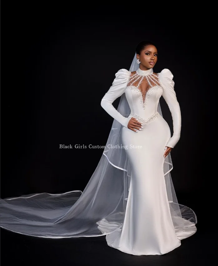 High Neck Ivory Satin Bridal Dresses Noble Mermaid Long Sleeve Customised Long Wedding Formal Occasion For Black Girls