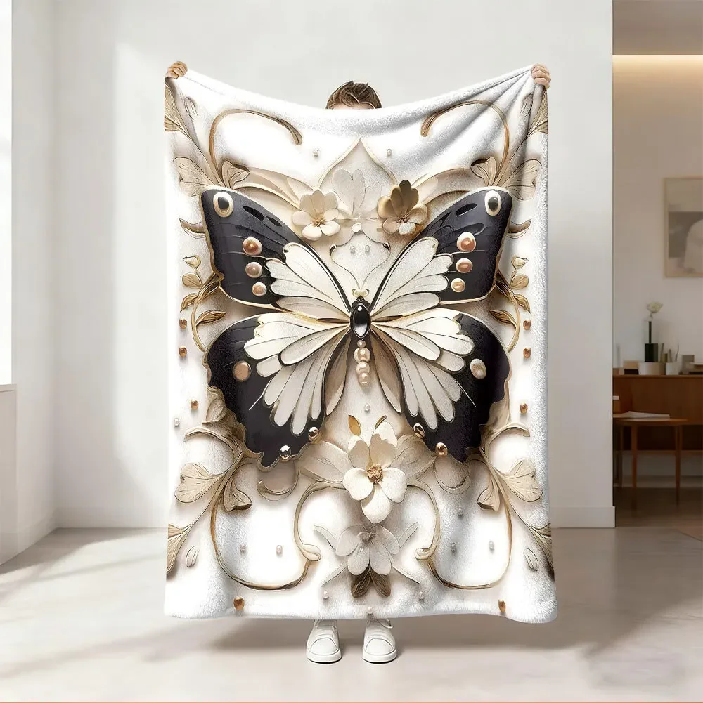3D Butterfly Blanket Baroque Pearl Flower Throw Couch Cover Luxury Embossed Pattern Fleece Blankets Bedroom Sofa Bedding Decor