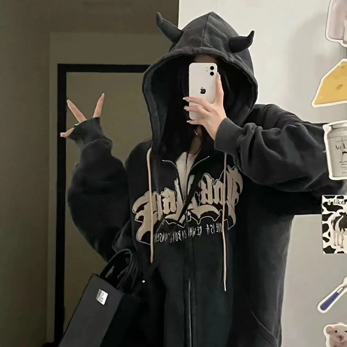 Women Retro Hoodies Zipper Long Sleeve Jacket Coats Casual Hooded Oversized Sweatshirts Y2k Streetwear Couples Letter Devil Tops