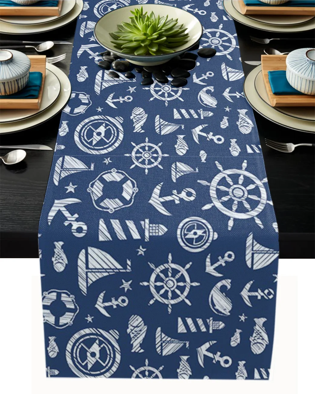 

Nautical Blue Anchor Rudder Boat Lighthouse Table Runner Wedding Party Decor Table Flag Home Dining Cotton Linen Tablecloth