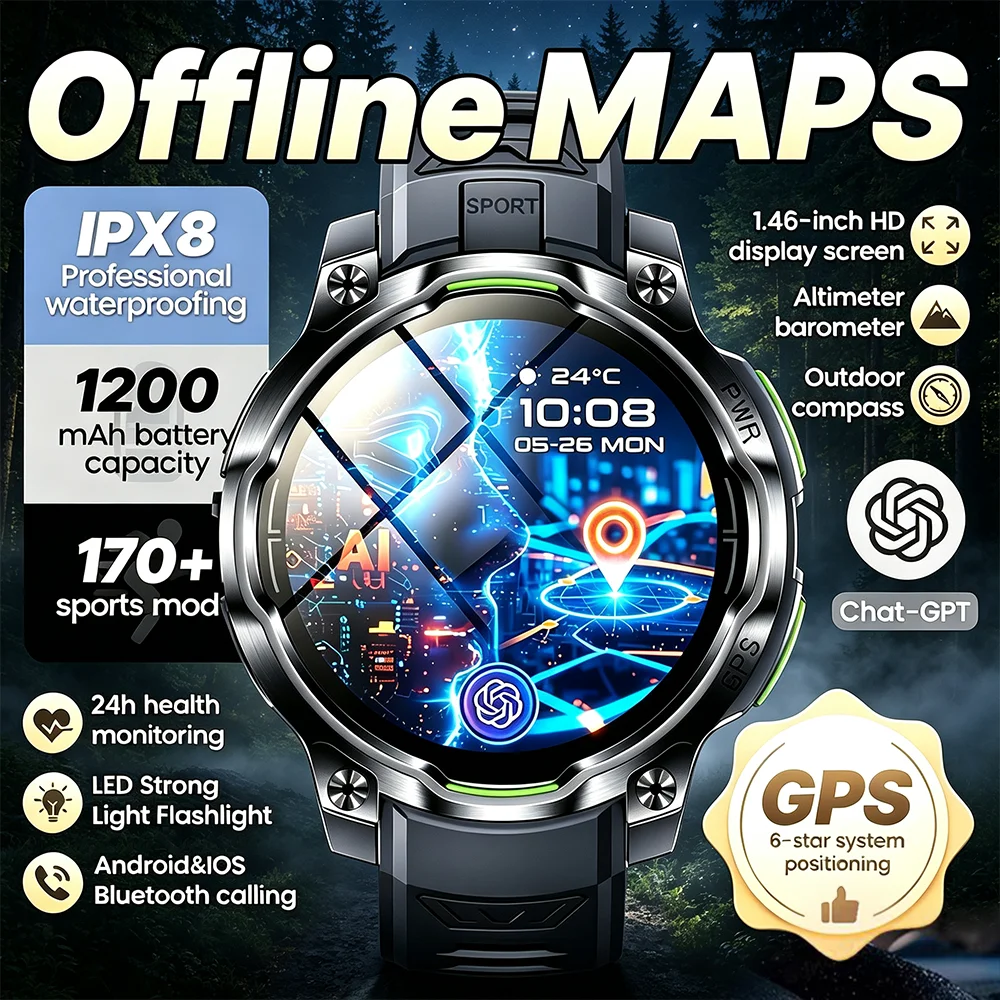 2026New All-Terrain Accurate GPS Offline Map Smart Watch Outdoor Sports Built-in GPS Compass IPX8 Waterproof BT Call Watchs Men