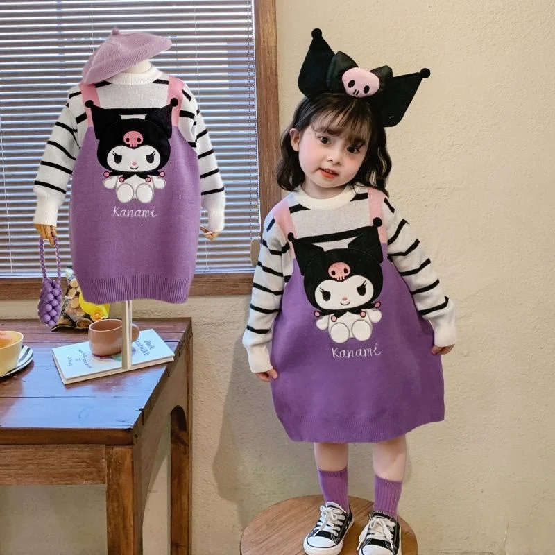 Kawaii Sanrio Kuromi Straight Dresses Cartoon Long Sleeve Spring Autumn Children Medium Long Sweater Long Sleeve Knitting Skirt