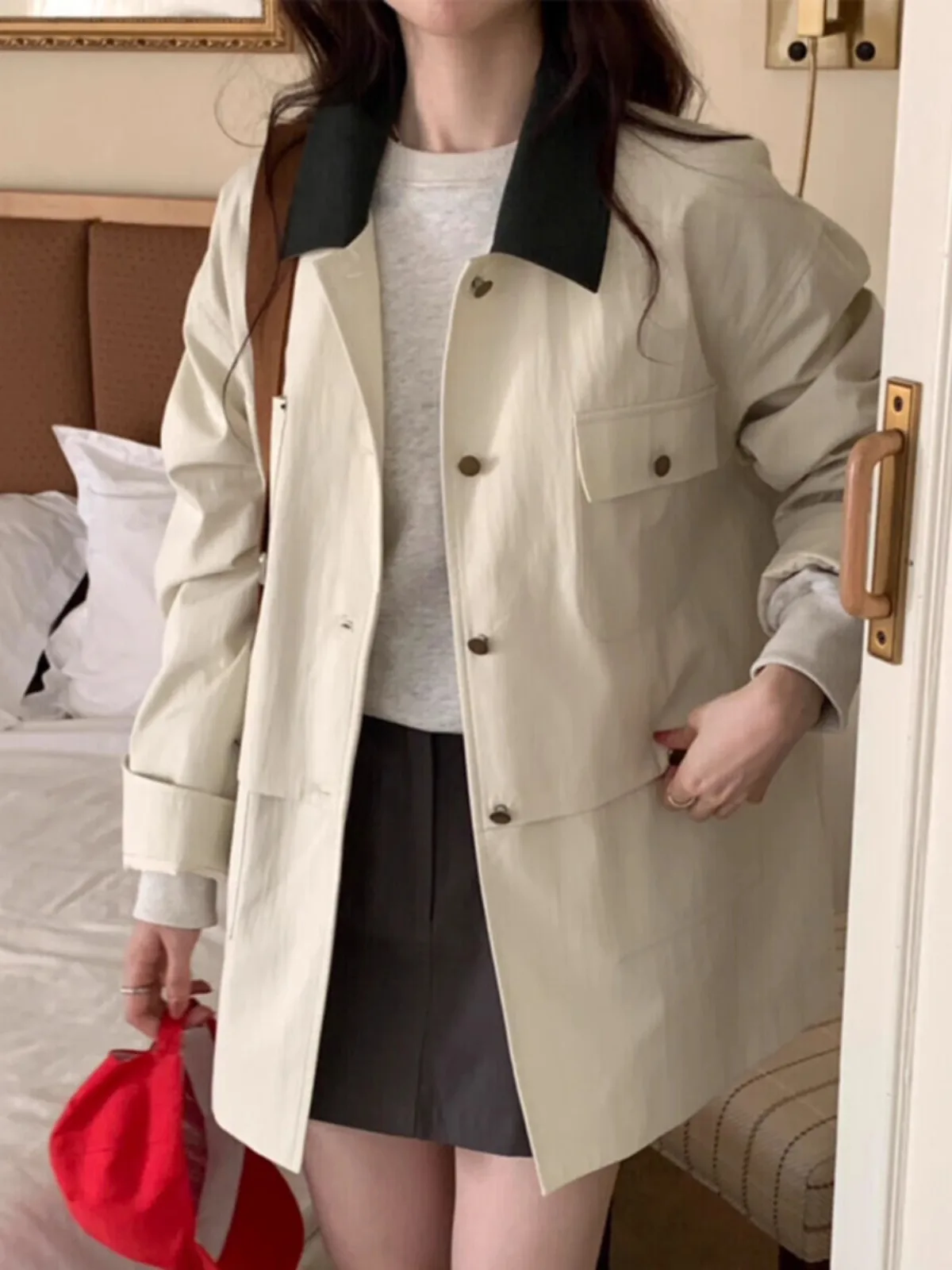 Losse, casual werkkleding Sle-jas Jaet halflange damesjas, kleine maat, lente herfst, Koreaanse versie, polyestervezel, lange mouwen