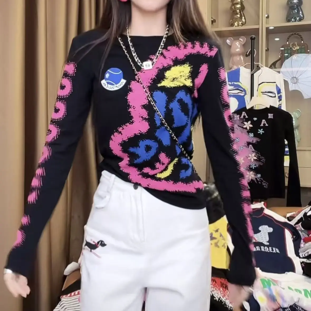 

2025 Autumn New Printed Long-sleeved T-shirt Slim and Versatile Fashionable Top