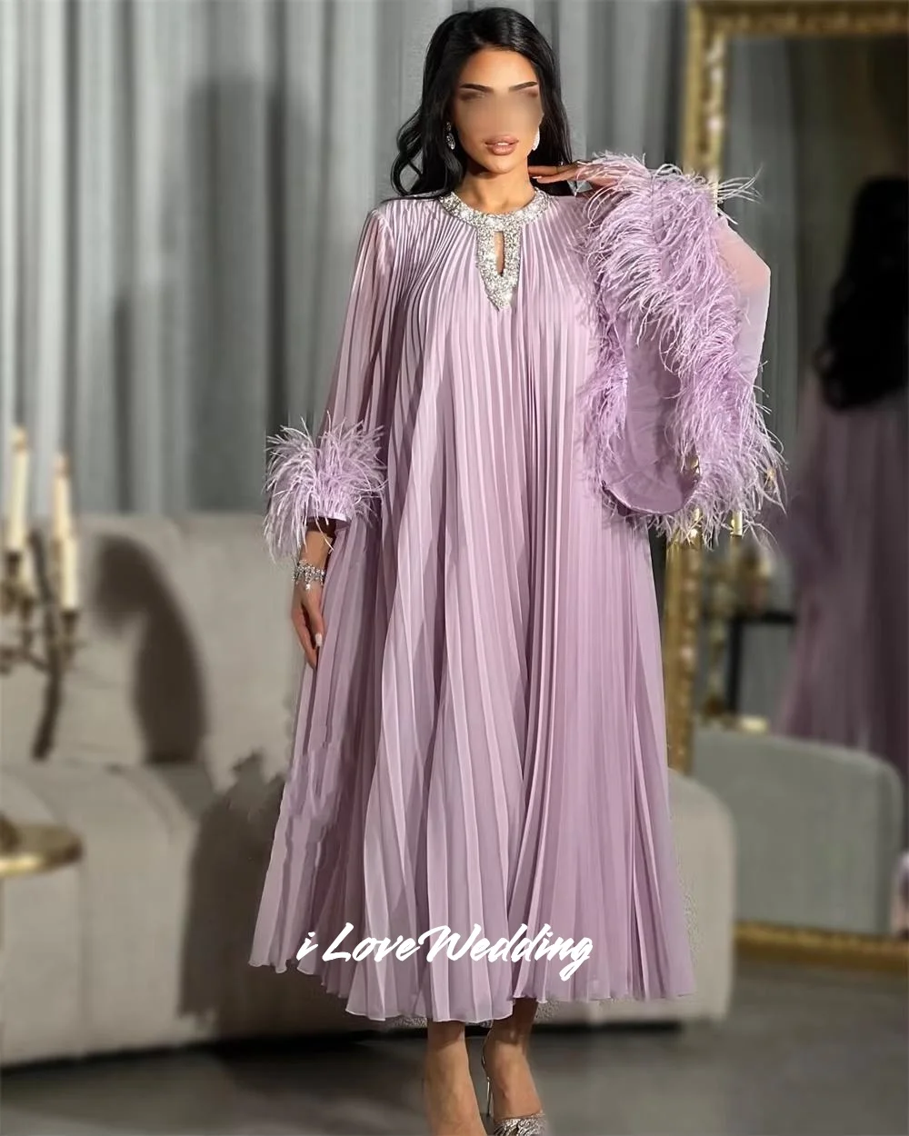 Robe de bal en mousseline de soie, plumes violettes, ligne a, col rond, manches longues, élégante, dubaï, arabie saoudite, longueur cheville, plissée, personnalisée