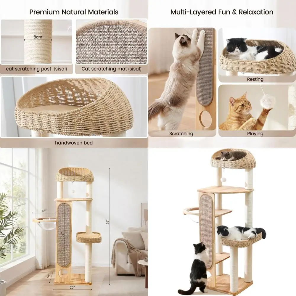 

Кошачья лежанка-башня 59 с когтеточкой, сизалевым ковриком, плетеной корзиной и компактным гнездом