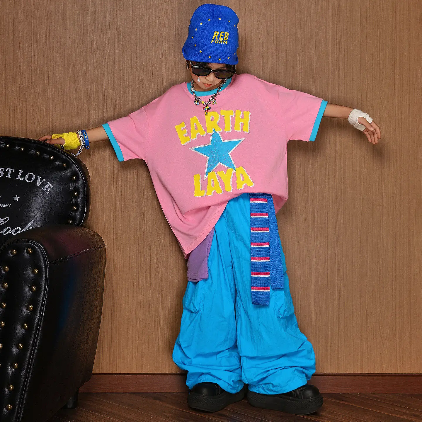 Kids Hip Hop Outfit Pink Star Contrast Oversized T Shirt Blue Loose Cargo Pants Boys Girls Street Dance Stage Wear Costumes