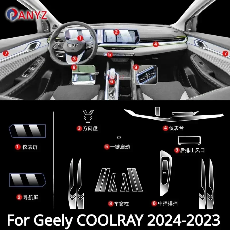 

For Geely COOLRAY 2024 2023 Accessories Car Interior Film Transparent TPU Gear Panel GPS Center Console PPF Protection Sticker