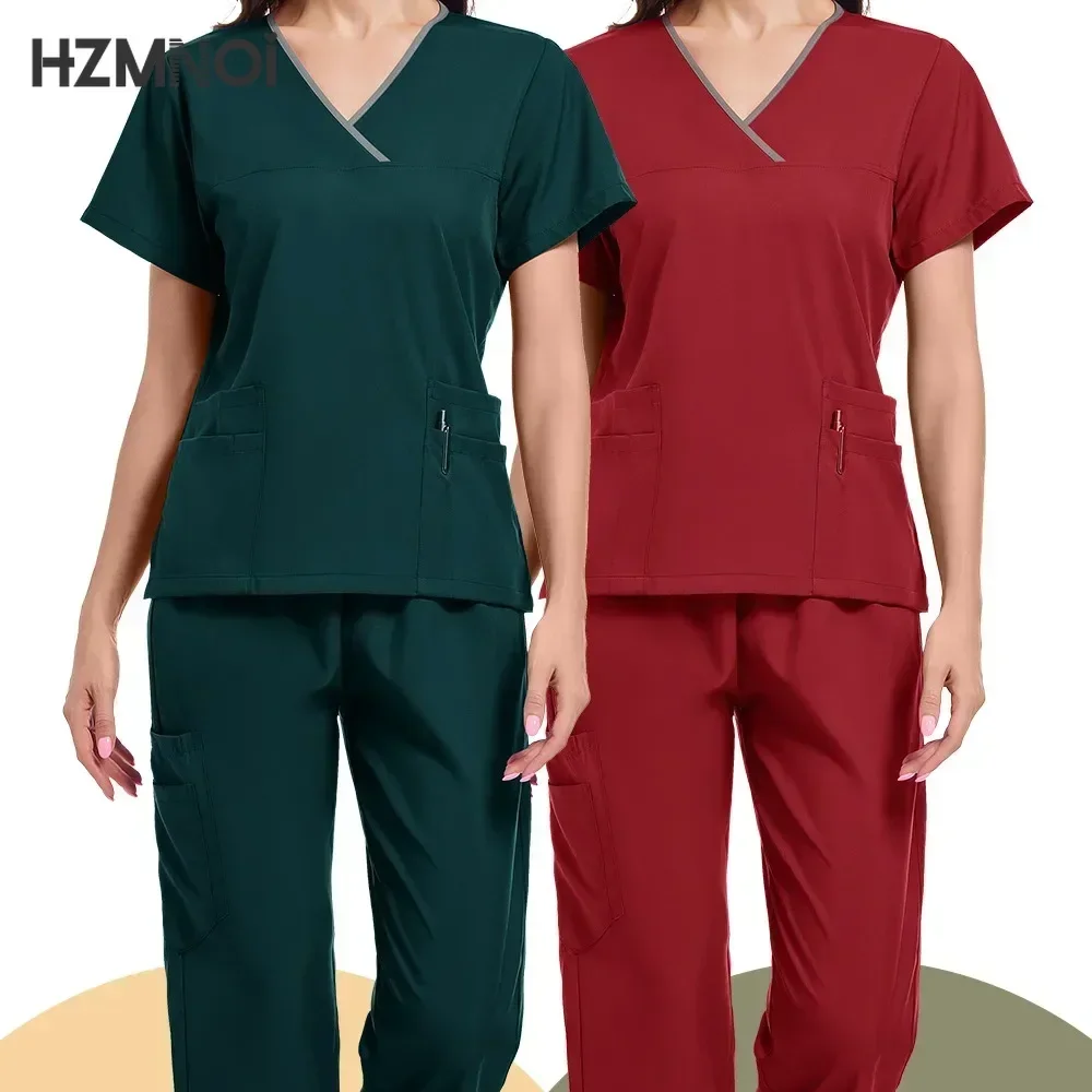 Conjunto de uniforme de enfermería para mujer, ropa informal de manga corta con cuello en V, ropa de trabajo de farmacia, uniforme médico de