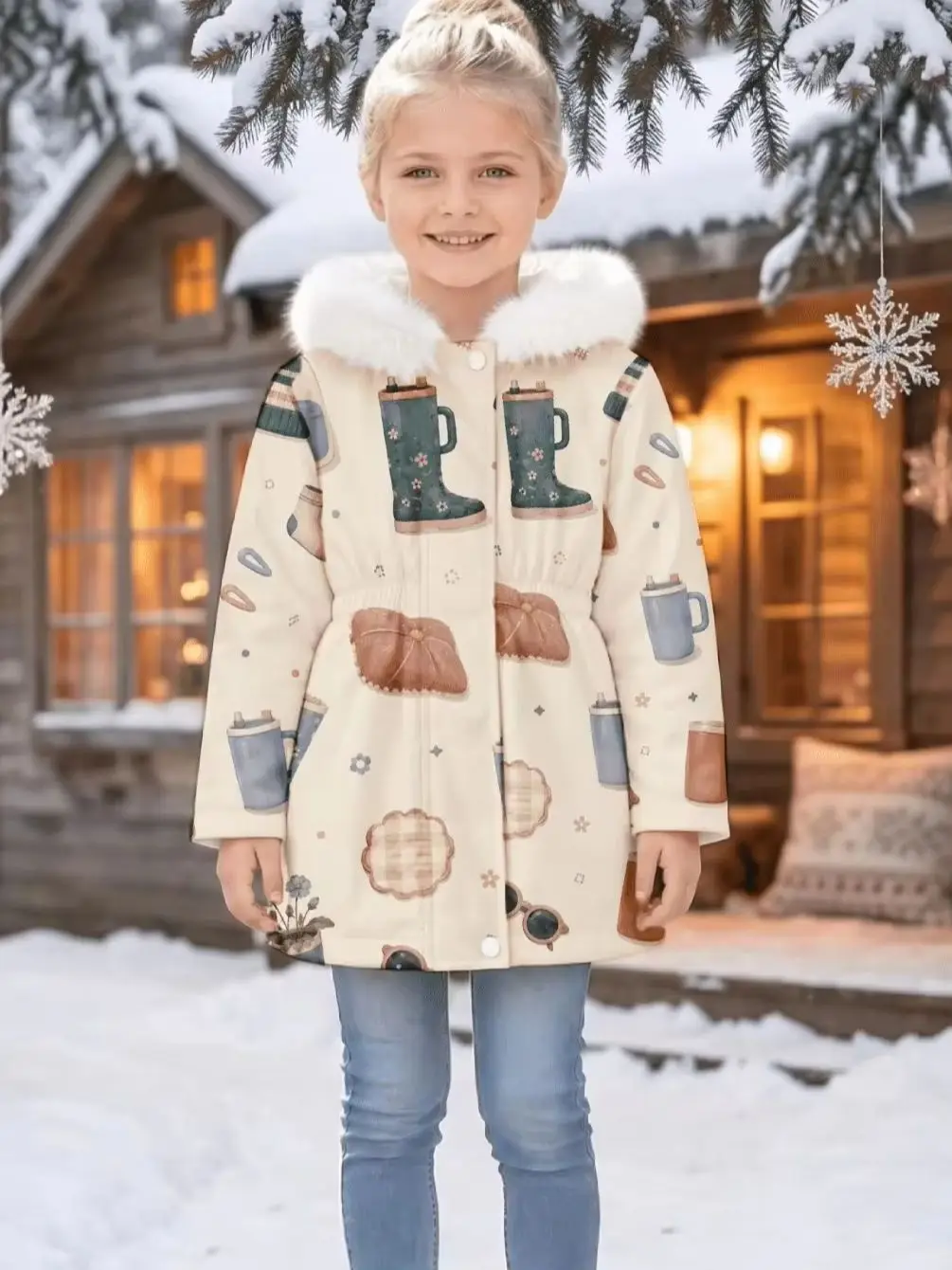 Little Girls Winter Cotton Padded Coat, Cute Cartoon Print, Fluffy Fur Collar Zip Up Thick Warm Windproof Snow Outerwear For Kid