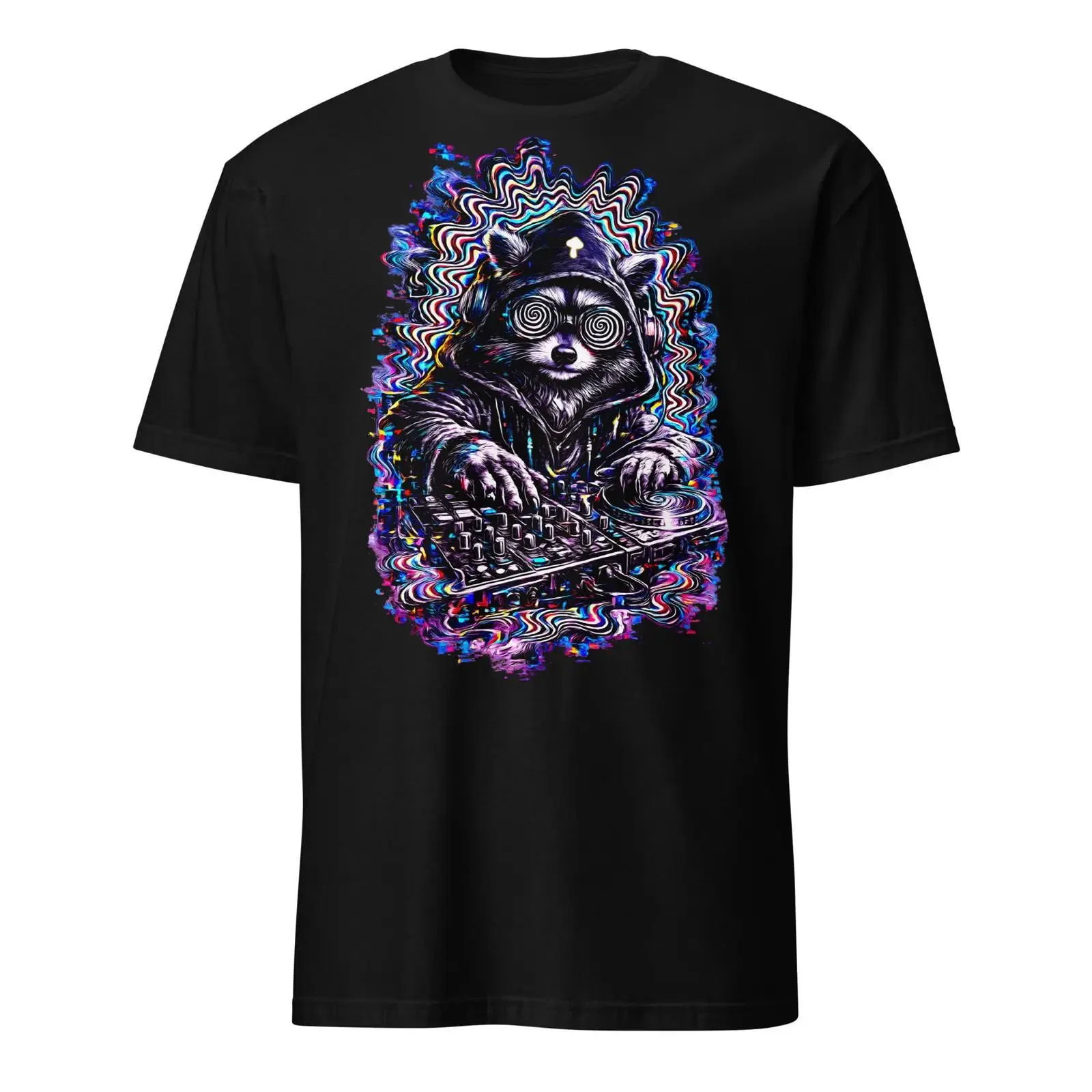 Psychedelic Raccoon DJ T Shirt Glitch Rave Animal Trippy Festival  vintage Washed fashion Stylish Top For Everyday Wear graphic