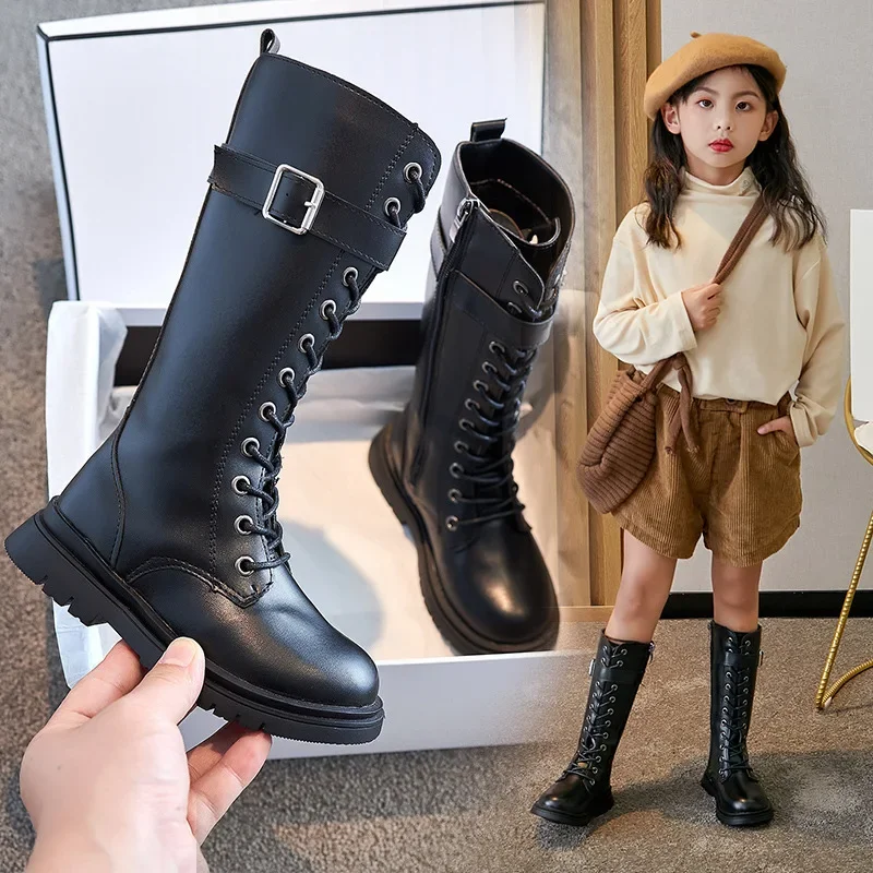 2026 Winter long boots Fashion Cool Baby Girls Warm shoes Square Heel Round Toe Casual Lace-Up Comfortable Kids Black Mid Boots