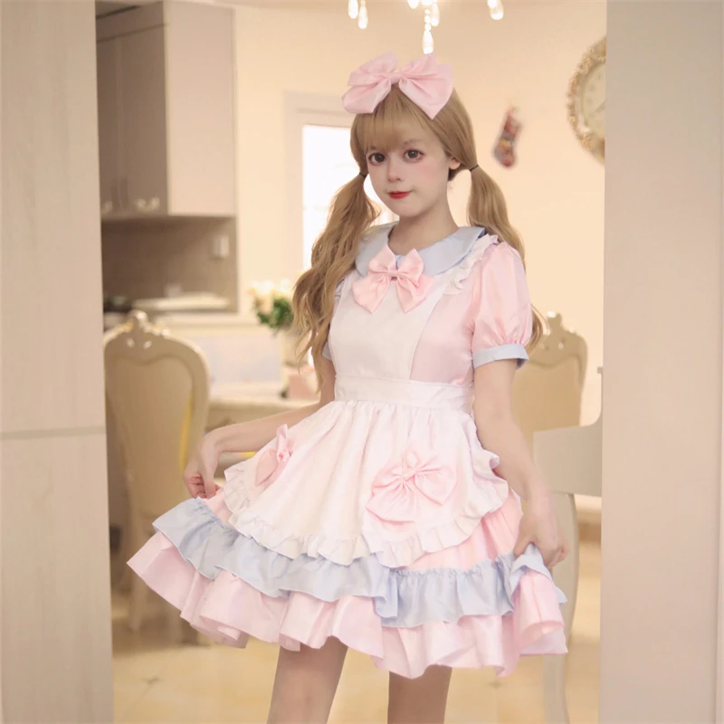 Tenue Lolita de Style Dopamine Rose, Costume de Cosplay de Maid d'Anime Japonais, Mini Robe à Manches Bulles et Ensemble de Tablier à Nministériels d Doux