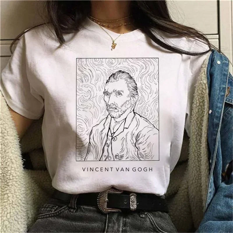 Harajuku Spaß Schwarz und Weiß Malerei Van Gogh Print Kurzarm T-Shirt Rundhals Casual Damen Shirt Grafik T Shirts Y2K
