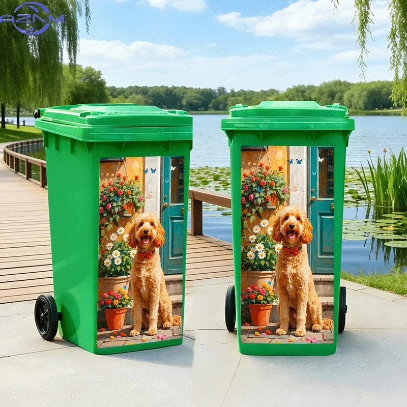 of Trash Can Sticker with a Cute Dog Enjoying Flowers at The Door. This Animal-Themed Design Is a Self-Adhesive Wall Decoratio
