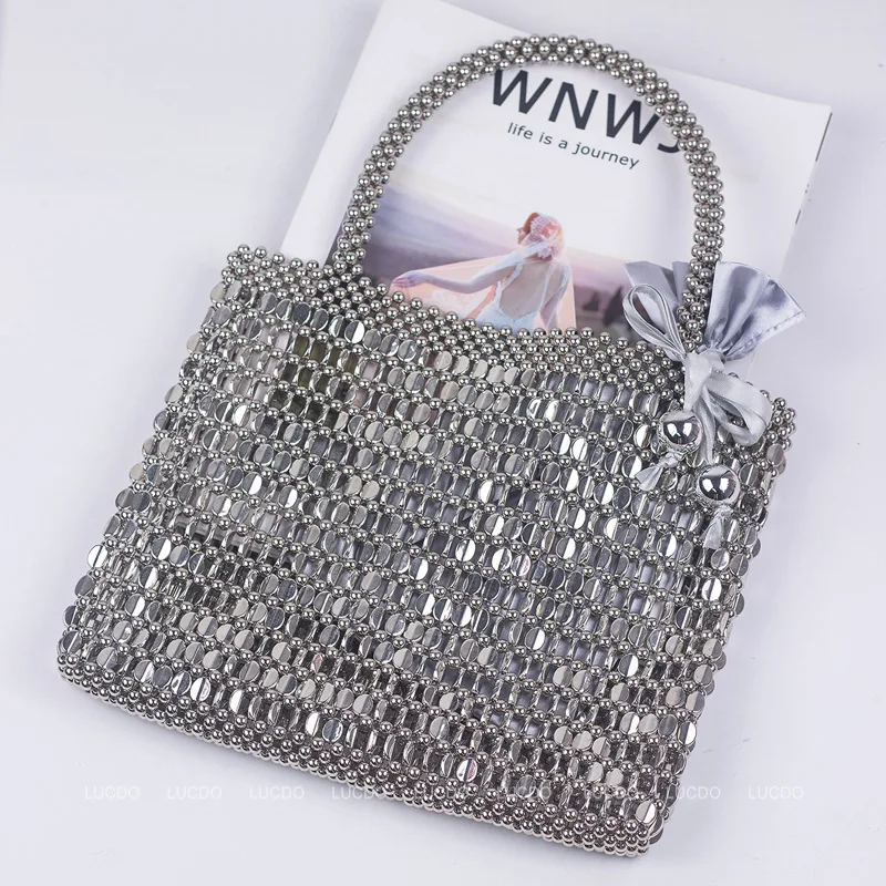 

Women Punk Heavy Metal Totes Rock Silver Top-handle Bag Handmade Beaded Retro Pearl Bag Vintage Evening Party Mobile Phone Bag