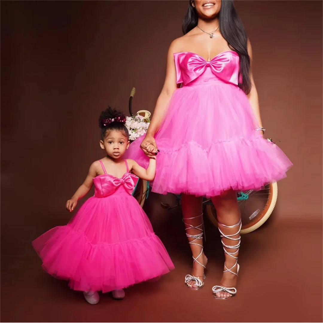 Mother And Kids Tulle Dress Sweerheart Puffy Mom And Daugher Tiered Big BowsTutu Birthday Dress For Photo Shoot Custom