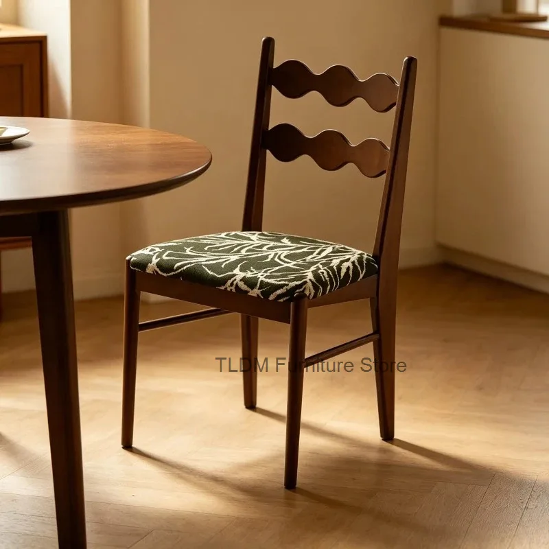 Style Mid-Century Dining Chair with Wavy Backrest & Leaf Chair,Retro Print Cushion,Wood Frame Side Kitchen Chair for Dining Room