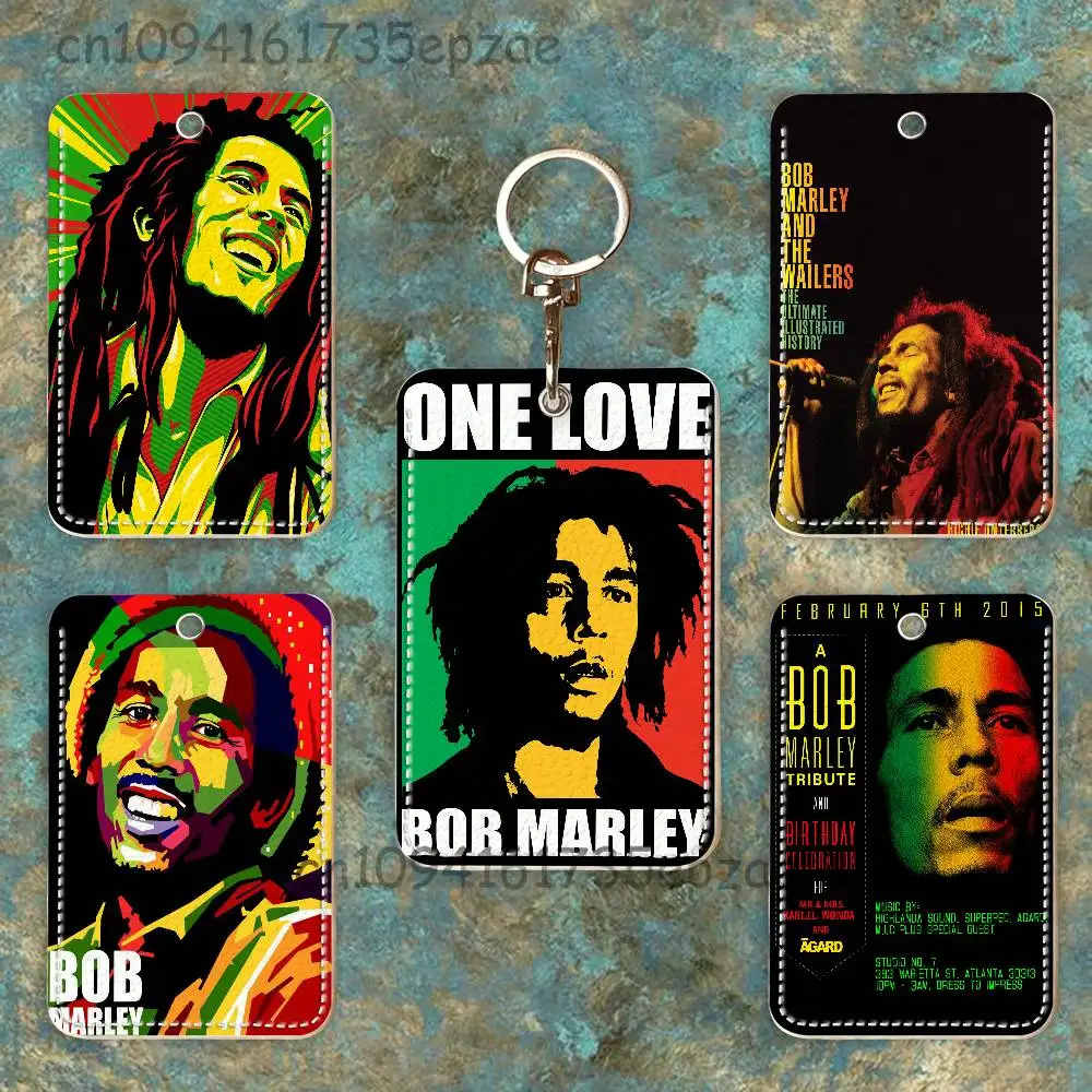 B-Bob M-Marley One Love One Heart プレミアムPUレザーカードホルダーケース、メタルカラビナ付き、日常使用向けのカスタマイズ可能なデザイン