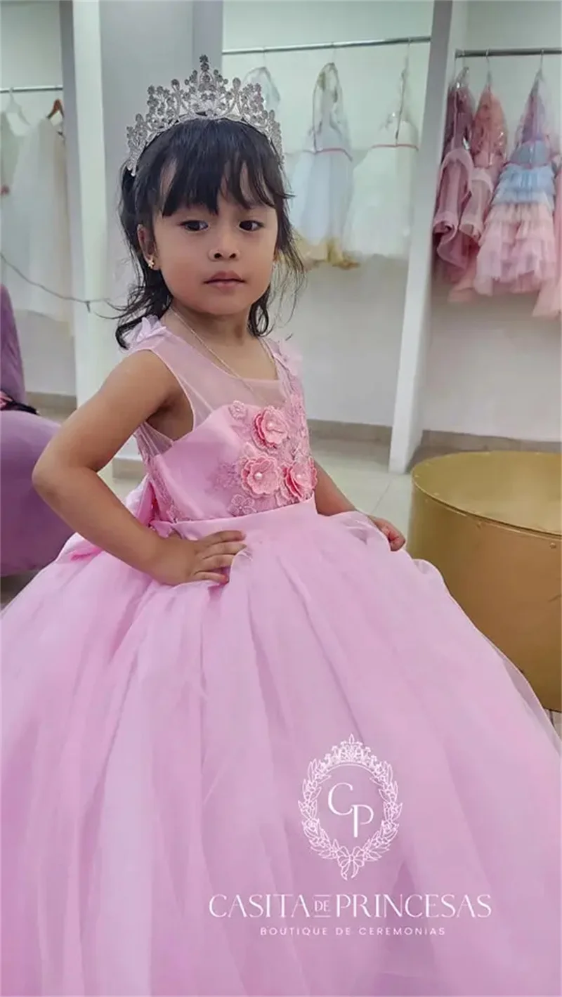 Customized Light Pink Flower Girl Dresses For Wedding 3D Flowers With Long Tailing Quinceanera Princess First Communion Gown