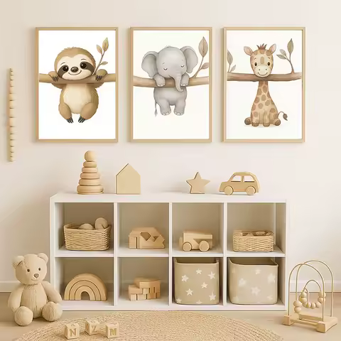 Cute Sloth Elephant and Giraffe Nursery Canvas Prints Leopard Safari Wall Art Posters for Modern Living Room Bedroom Home Decor