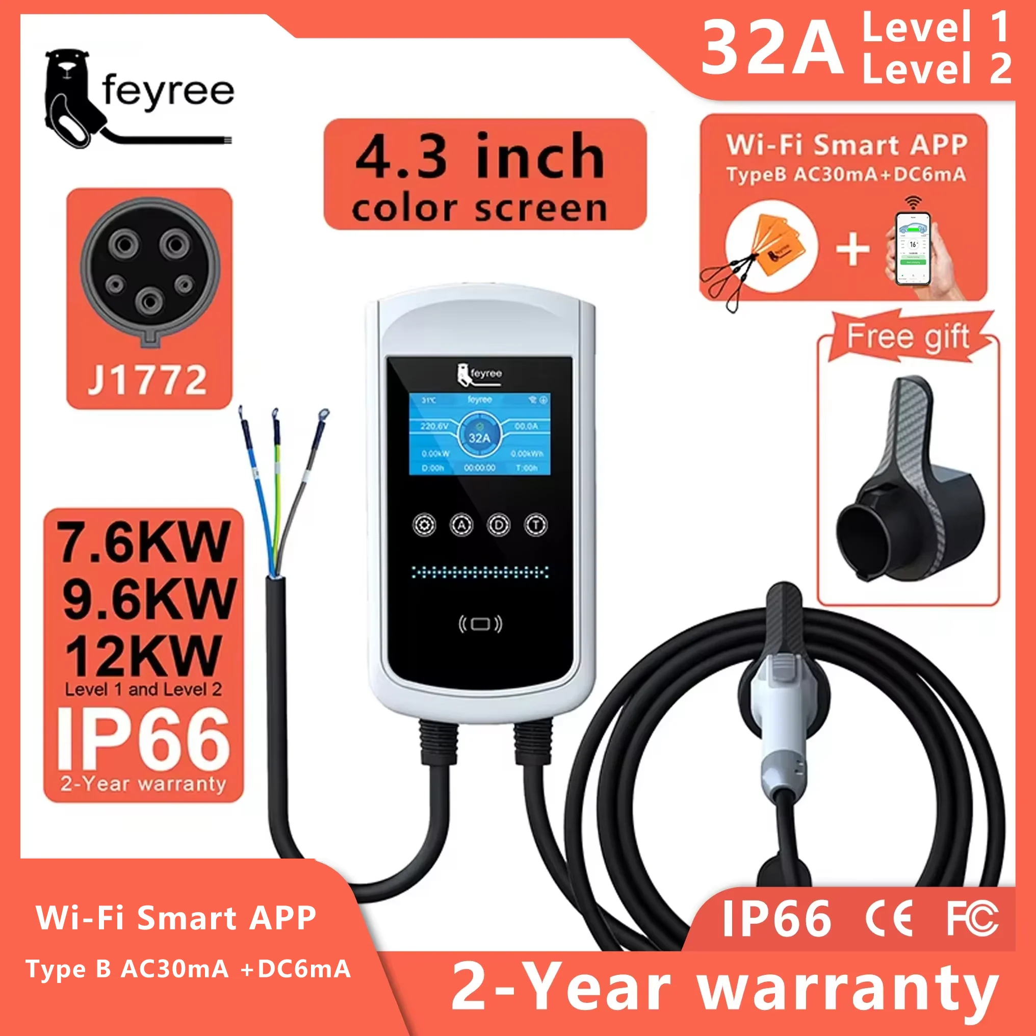 feyree EVSE Wallbox 32A 40A 50A 1Phase EV Charger Type1 Smart APP Control Wall-mounted Charging Station for Electric Vehicle Car