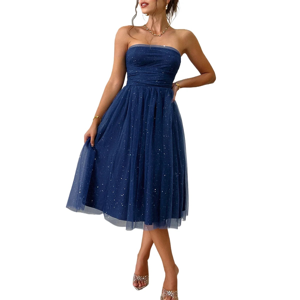 

Chest Wrapped High Waist Gauze Midi Dress 2025 Summer Solid Women's Sequins Evening Dress Fashion Simple Ladies Party Dresses