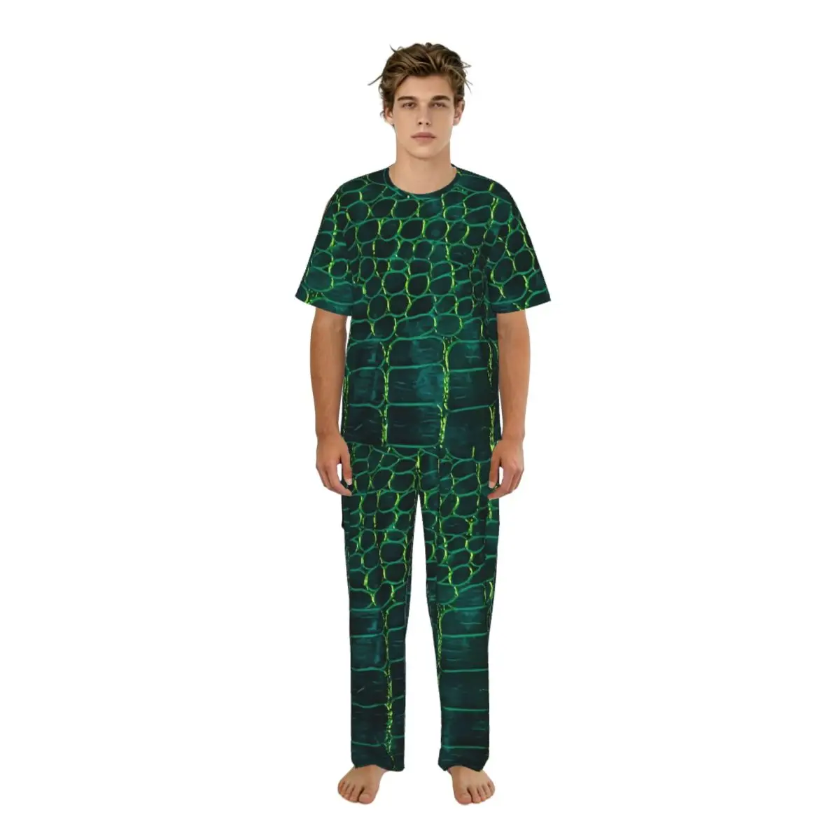 

Men Pajamas Suit Short Sleeved Long Pants Snake Skin Dark Pattern Sleepwear Summer Home Clothing Set