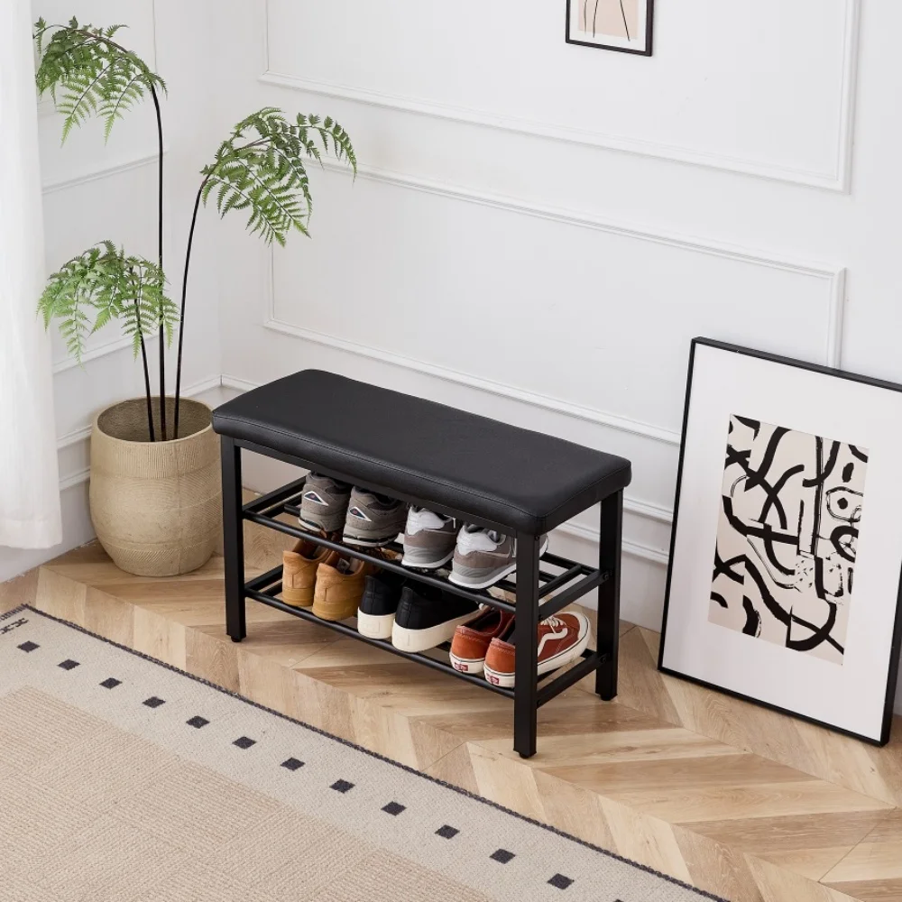 

Полка для обуви прихожей с мягким сиденьем, скамейка для обуви для входа, 2 металлические полки, скамейка для хранения, верхняя кровать из искусственной кожи, скамейка для прихожей