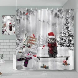 Christmas Shower Curtain, Santa Claus Snowman Winter Farm Animals Christmas Tree Merry Christmas Holiday, Bathroom Decor