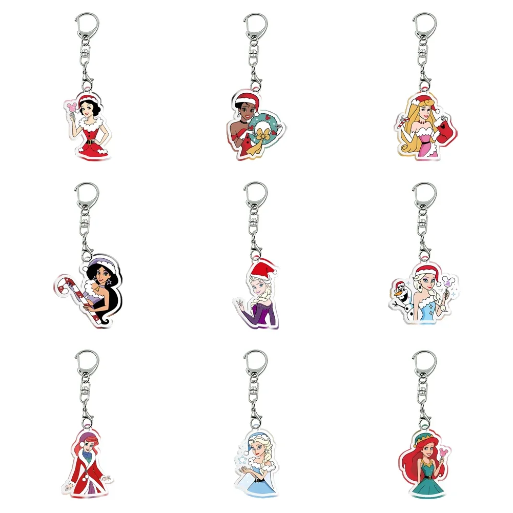 Christmas Disney Princess Elsa Ariel Tiana Transparent Acrylic Key Ring Mobile Phone Bag Pendant Jewelry Kids Gift Accessories