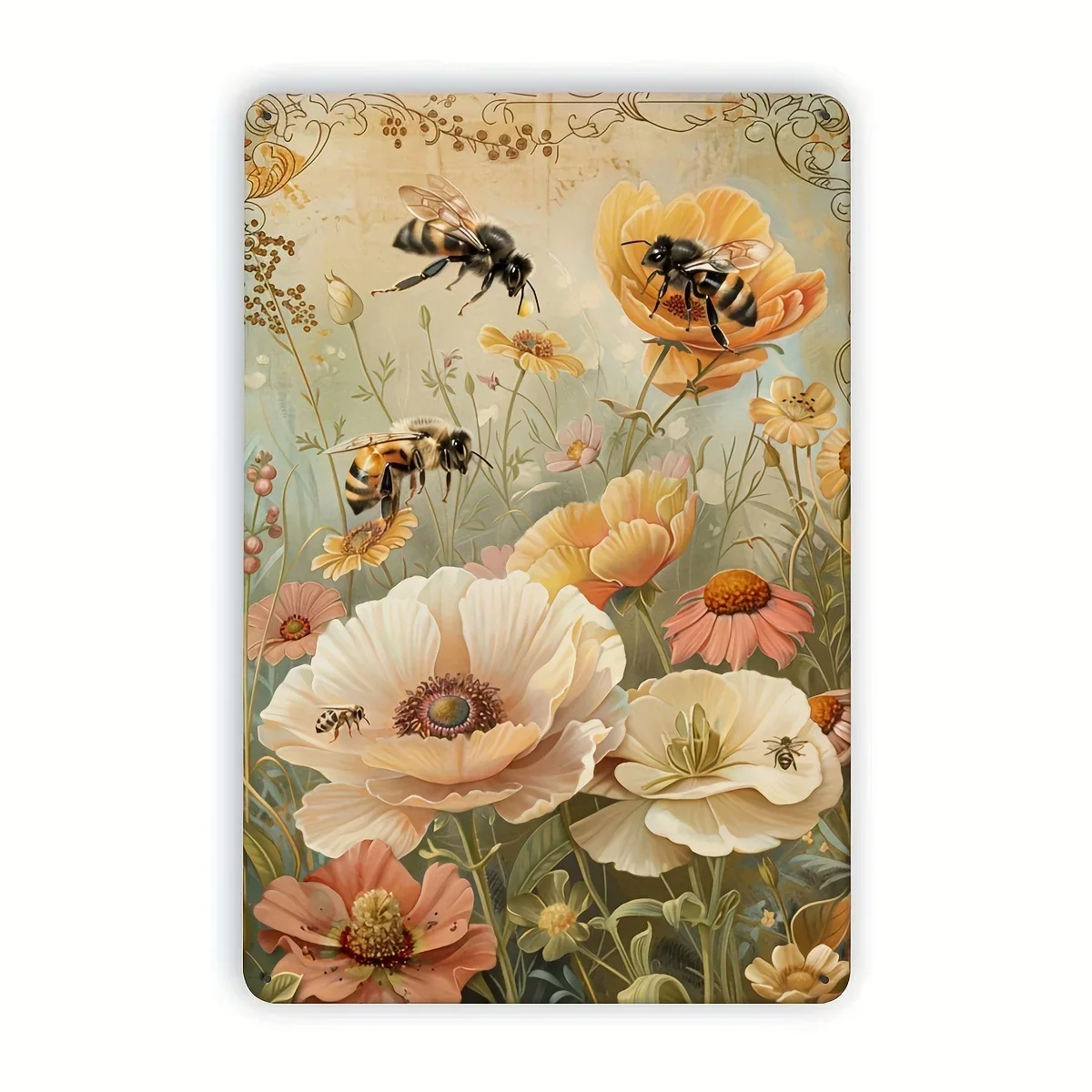 1pc Vintage Bee and Flowers Metal Tin Sign, 20.32x30.48 cm Iron Wall Art, Indoor/Outdoor Decorative Hanging Painting for Home