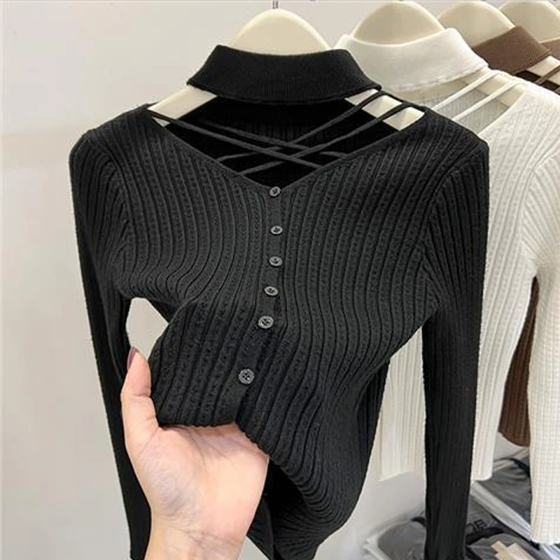 2024 moda meia gola alta oco camisola para outono e inverno feminino nova cor sólida malha inferior cardigan 31015