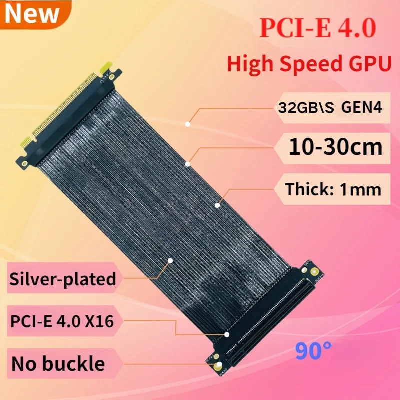 PCIE 4.0 X16 Graphics Card GPU Shielded Extender Cable 90 Degree Right Angle 32GB\S GEN4 High Speed Lossless Silver-plated Cable