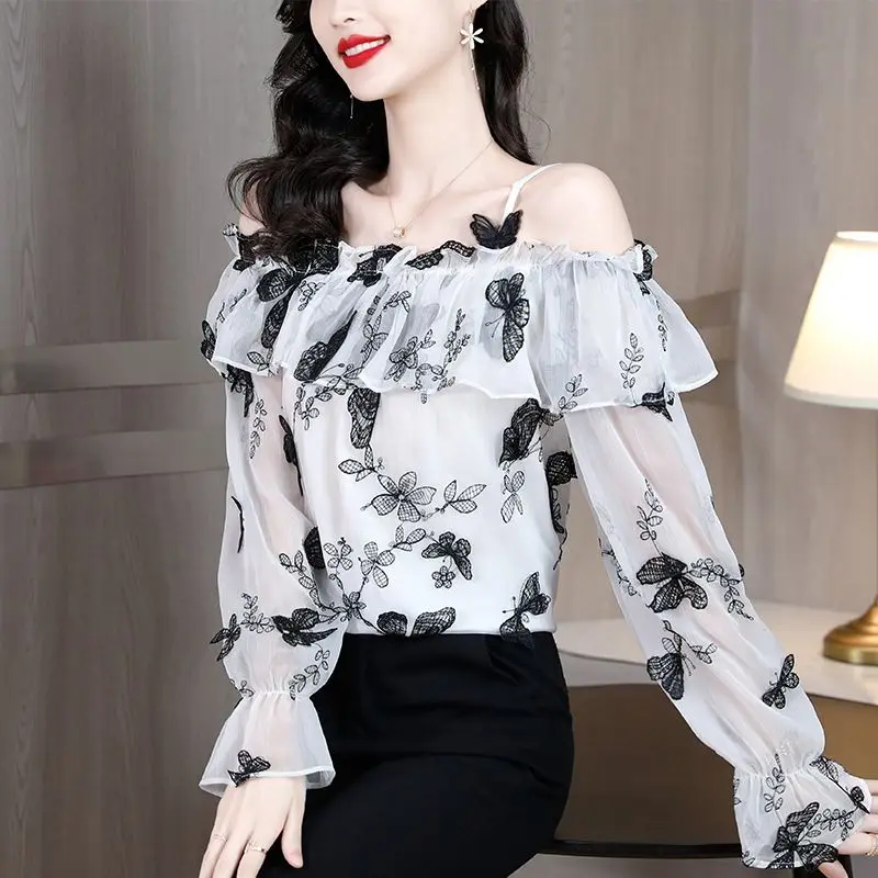 One Shoulder Shirt with a Female Design Sense Niche French Chic Small Shirt Floral Chiffon Top