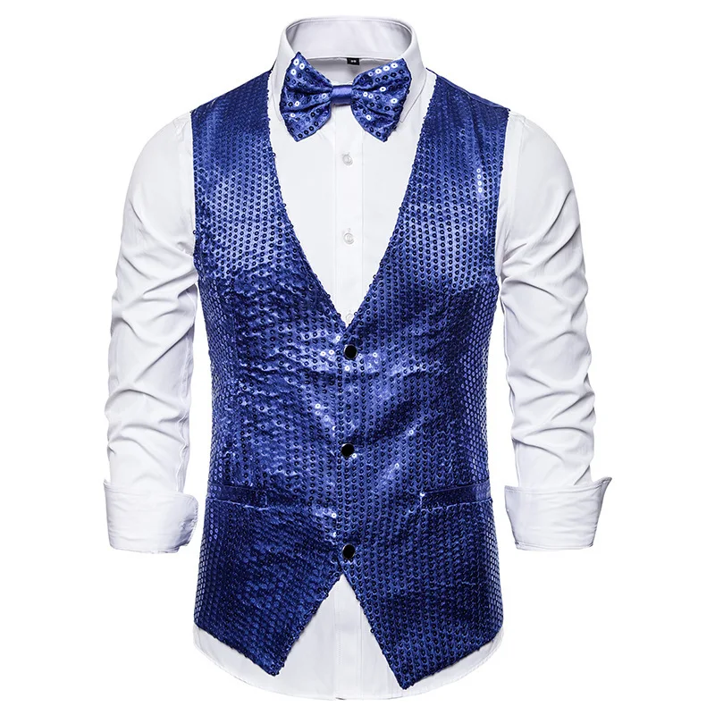 Gilets à col en V à simple boutonnage pour hommes, manteau à paillettes dorées, gilet de fête de mariage, argent, bleu, violet, rouge