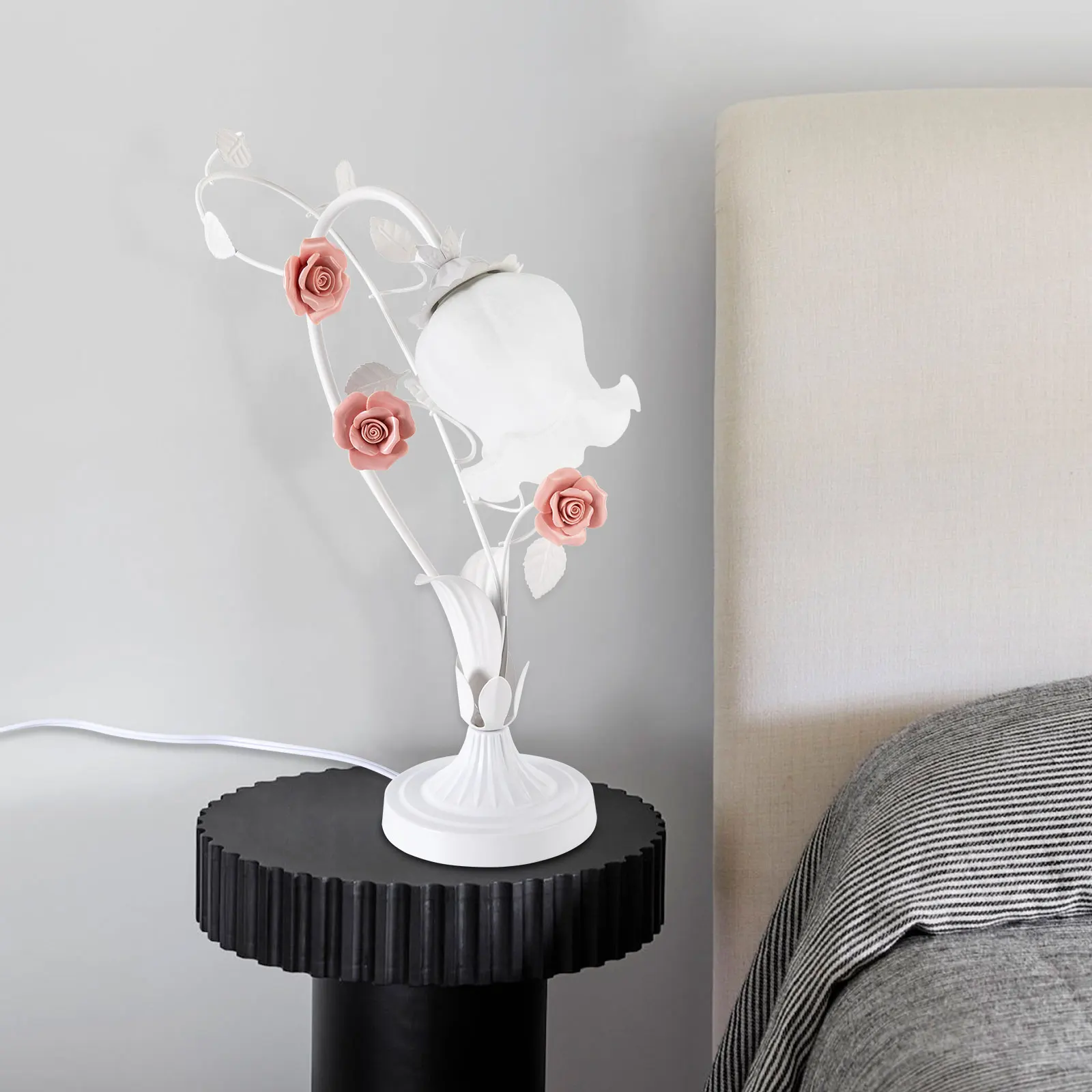 Pink & White Modern Floral Ceramic Table Lamp, Hand‑Blown Glass Shade Swan Neck Design With Realistic Rose Decor