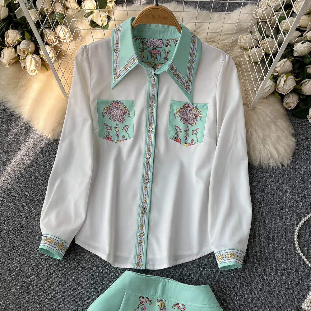 Summer Sweet Two Piece Set Women Turn Down Neck Long Sleeve Floral Print Chiffon Shirt Top+Irregular Vintage Mini Skirt Suit