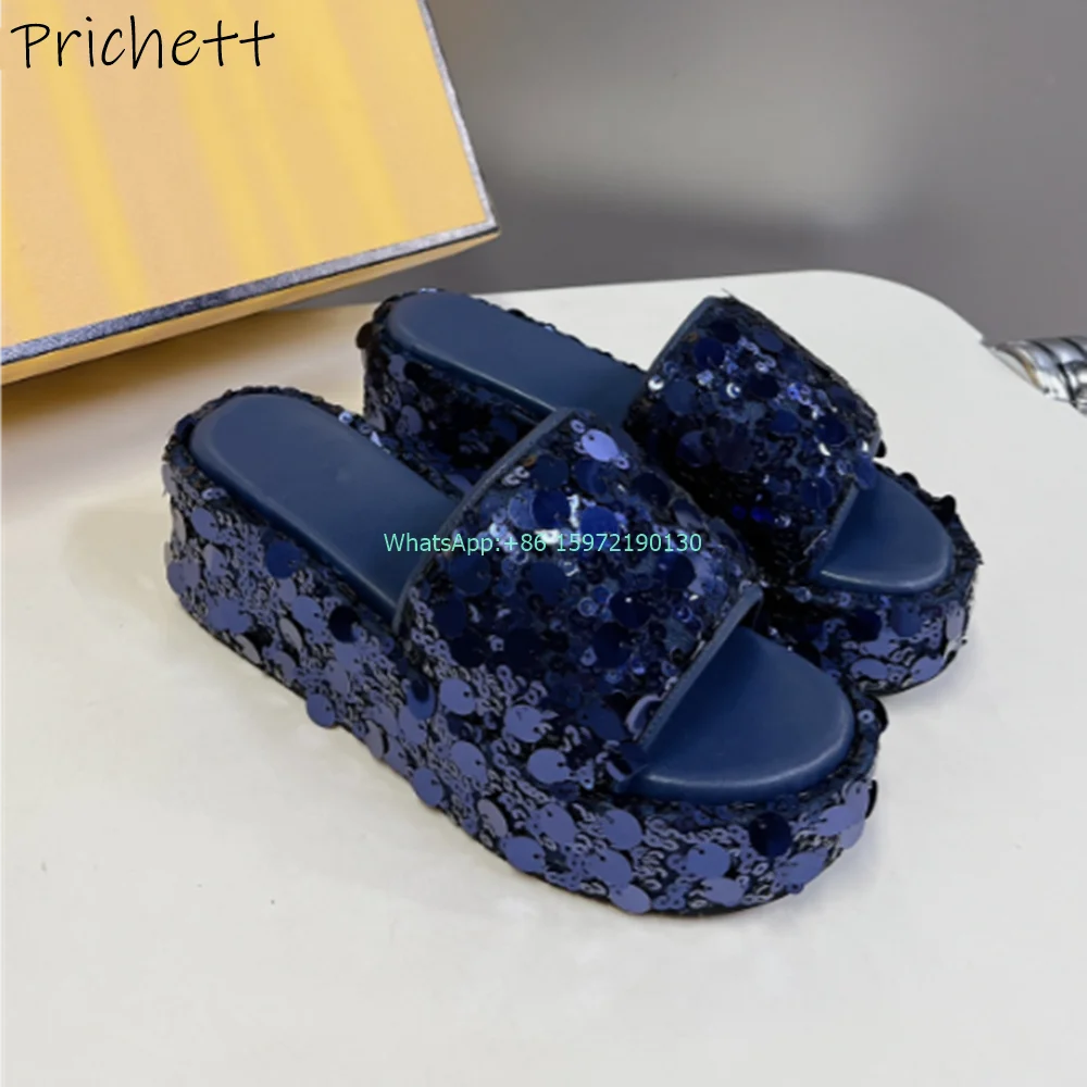 Bling Platform Slippers Round Toe Wedges Solid Slip On Luxury Runway Shoes Shiny Straight Strap Women's Street Photo Shoes