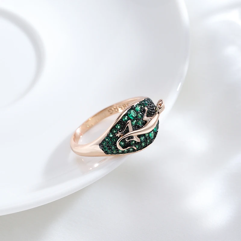 Kinel Hot Unique Green Natural Zircon Lizard Ring For Women 585 Rose Gold and Black Plating Vintage Animal Daily Punk Jewelry