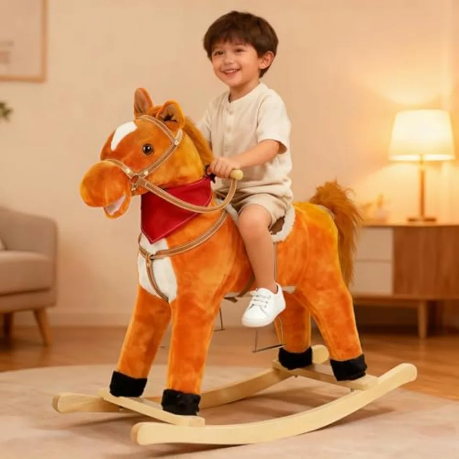

Plush Rocking Horse Wooden Base Rocking Horses Ages 1-6 with Handle Grip Sounds Moving Mouth Wagging Tail 110 Lbs Weight Capaci