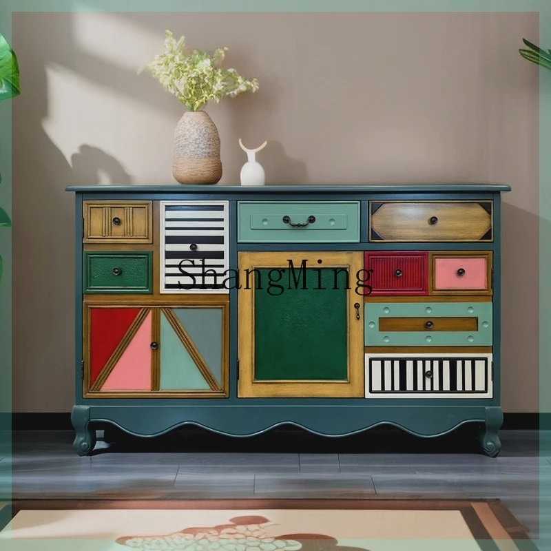 

FG rural shoe cabinet solid wood entry with drawers partition porch locker small apartment retro cabinet