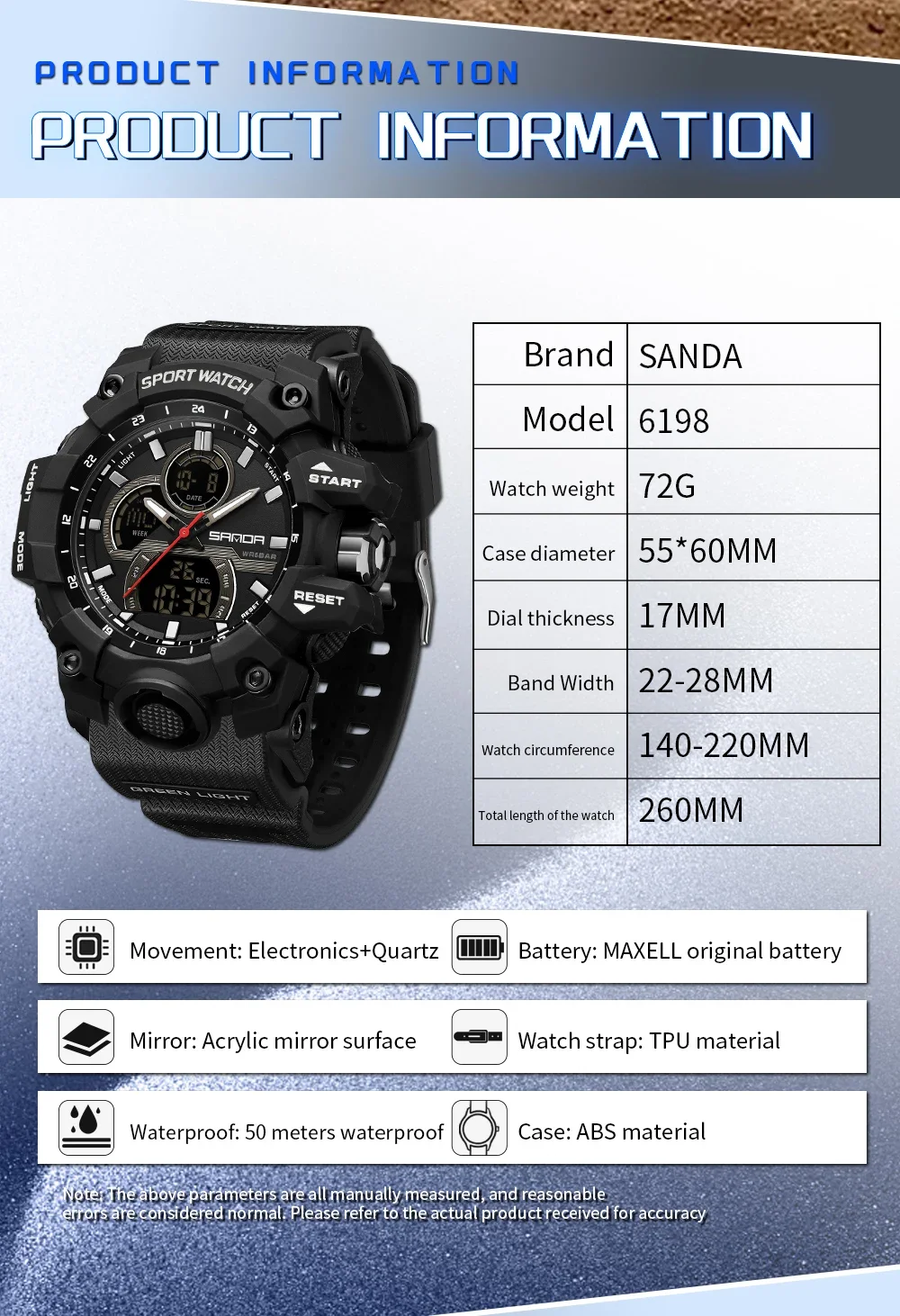 SANDA 6198 Fashionable Cool Night Light Dual Screen Multi functional Outdoor Sports Waterproof Men\'s Electronic Watch