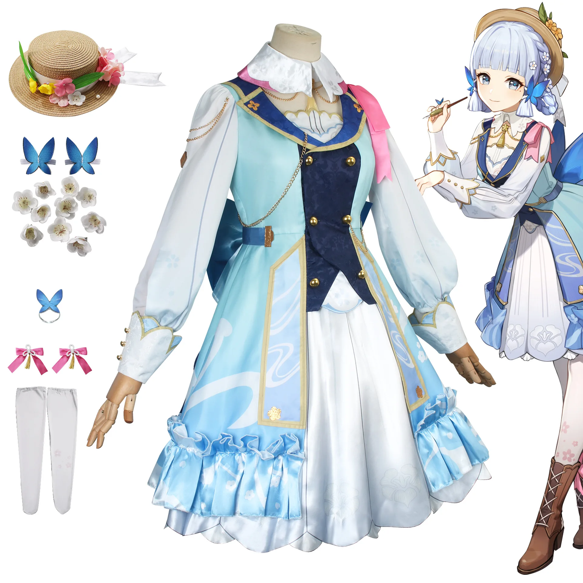 

Game Genshin Impact Flower LetterKamisato Ayaka CosplayBlue Elegant and Lively Princess-style Gown - Halloween Costume