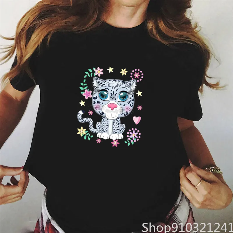 

Women T-shirts Snow Leopard Fashion Tops Shirts Summer O-neck Short Sleeve Print Cartoon Tees Graphic Female Cute Tshirt Clothes