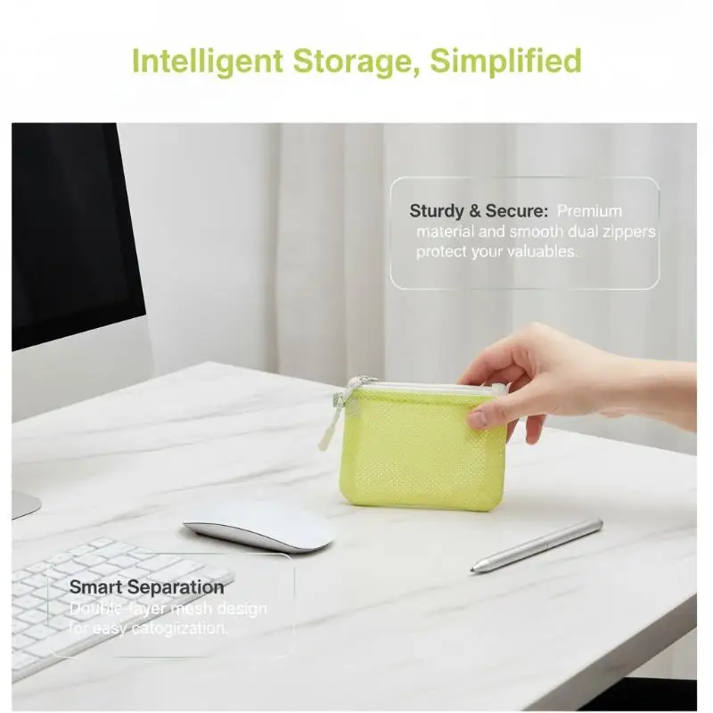 Mesh Travel Makeup Bag For Women Portable Mini Cosmetic Pouch Double Layer Zipper Multi-purpose Coin Purse Credit Card Holder