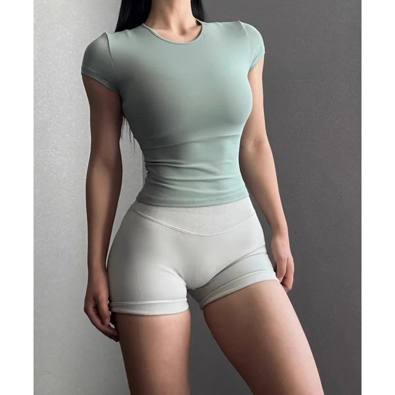 

Classic Easy To Wear Yoga Tight Sport Running Training Short-Sleeved-Shirt Waist Slimming Fitness Breathable 1715