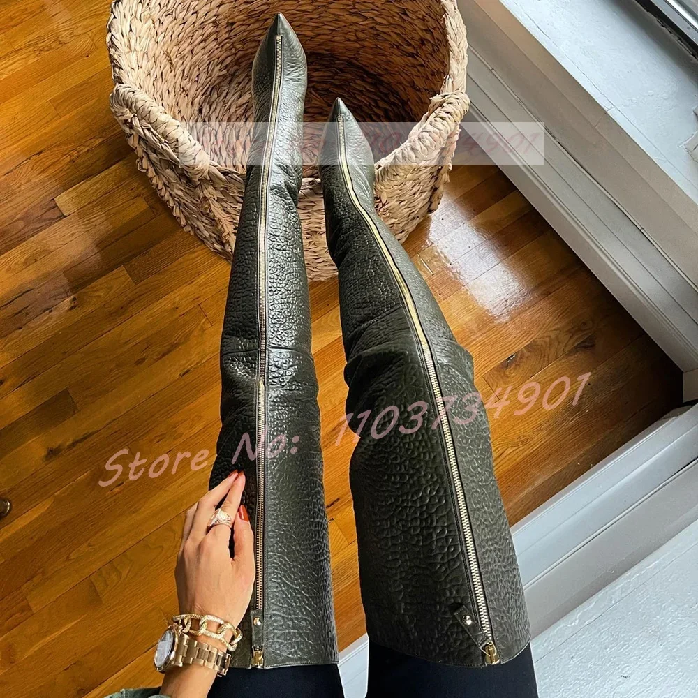 Front Zipper Pointed Toe Crotch Boots Women Lychee Pattern Leather Stiletto Over-The-Knee Boots Sexy Club Party Nifty Shoes