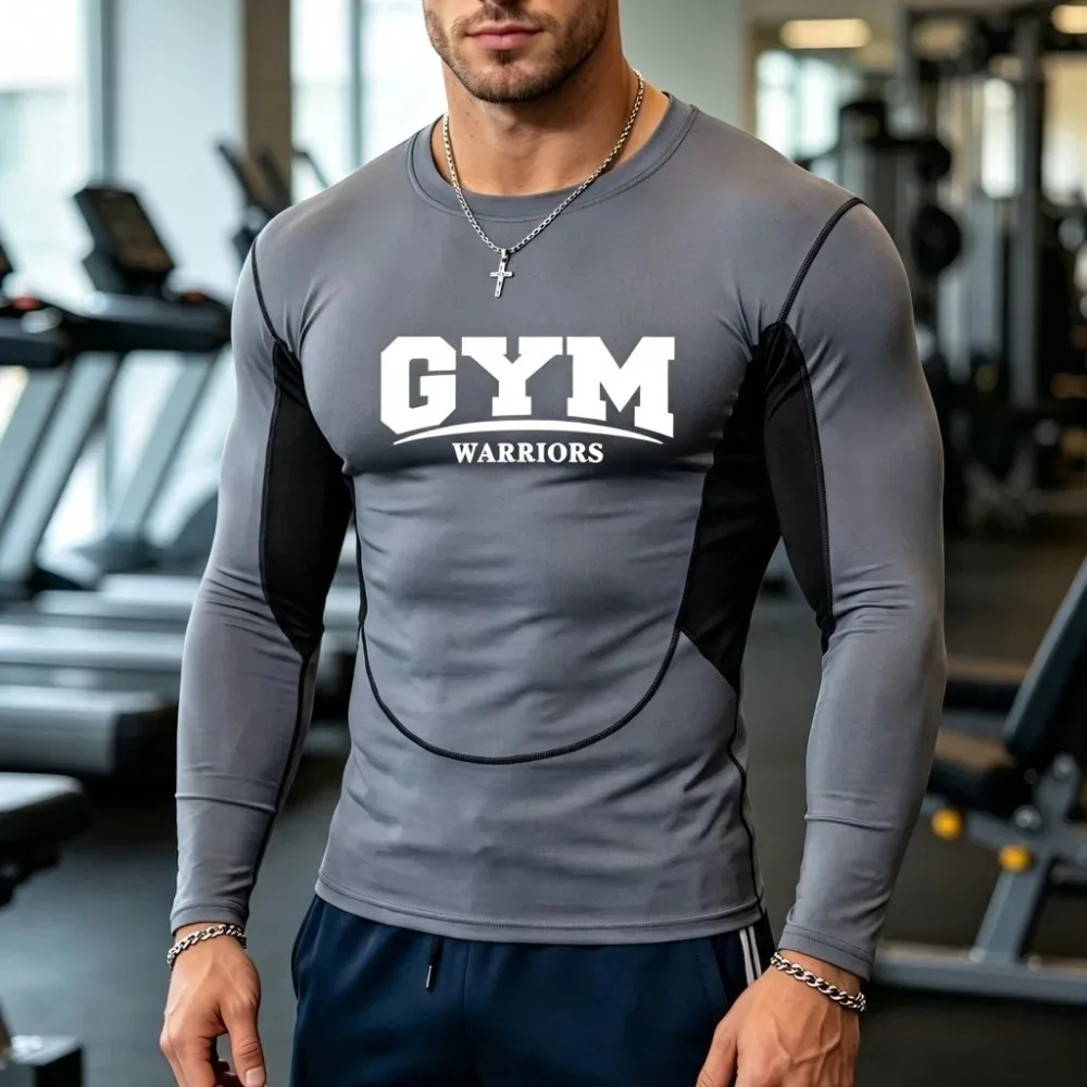 Men's Slim Fit Compression Long Sleeve Tee GYM Warriors Letter Printing Color Splicing Design Lightweight Wrinkle Resistant Gym