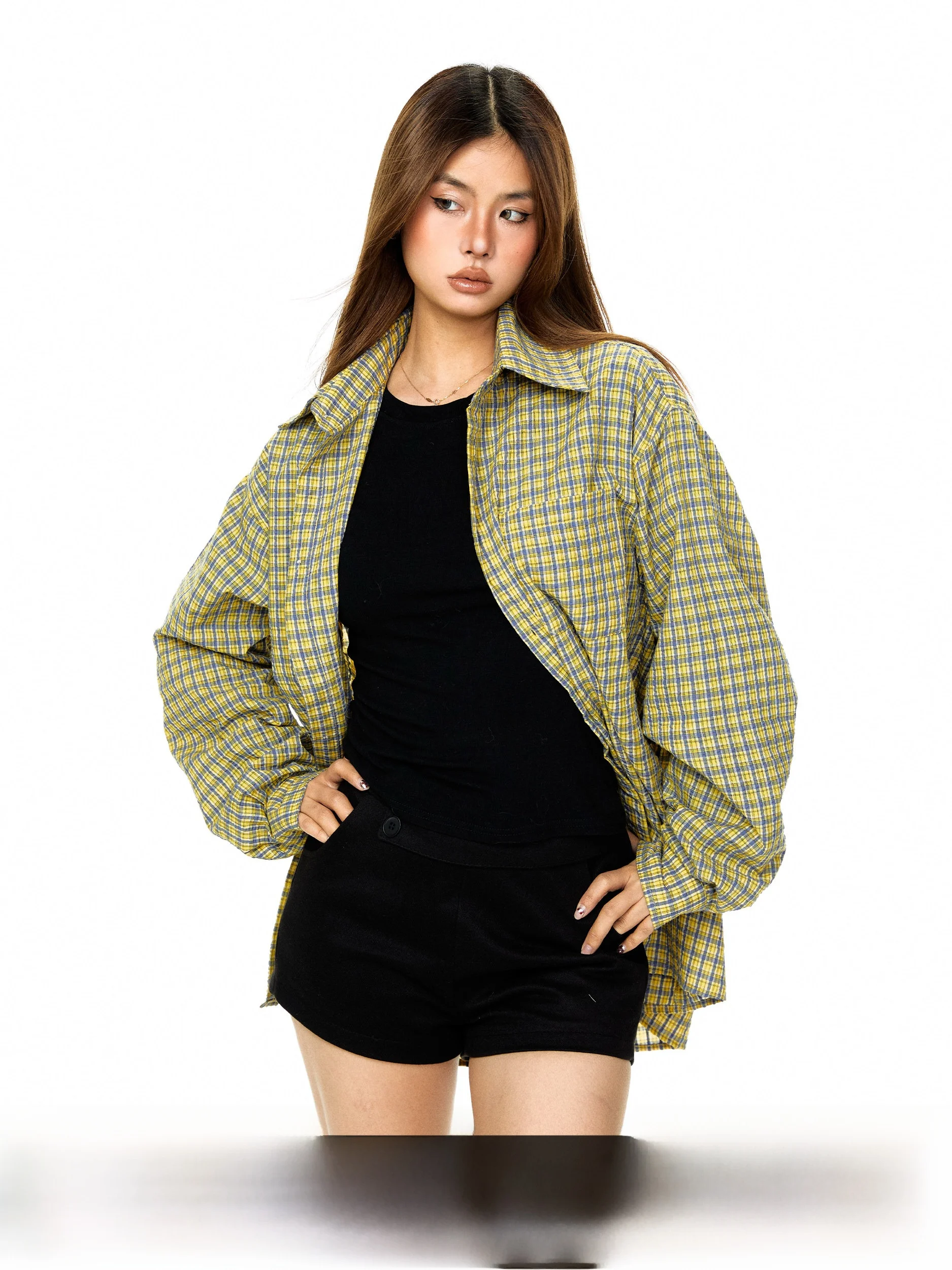 

Blabb Vintage Preppy Yellow Blue Plaid Long Sve Women's Casual Loose Couple irt Outerwear Polyester Cotton Blend